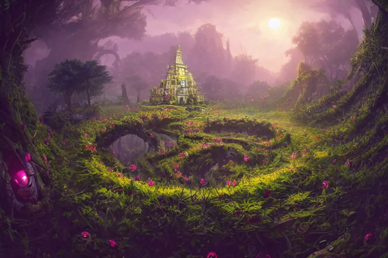 Image similar to Spiral temple, overgrown by sunflowers, fisheye by Quentin Mabille and Andreas Rocha and Raphael Lacoste, ruby skull, emerald refraction, rubies, overcast, fog, diamonds, unreal engine, trending on artstation
