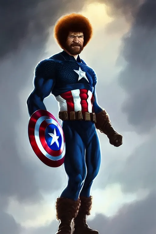 Prompt: bob ross as captain america, portrait, highly detailed, digital painting, artstation, concept art, smooth, sharp focus, illustration, cinematic lighting, art by artgerm and greg rutkowski and alphonse mucha