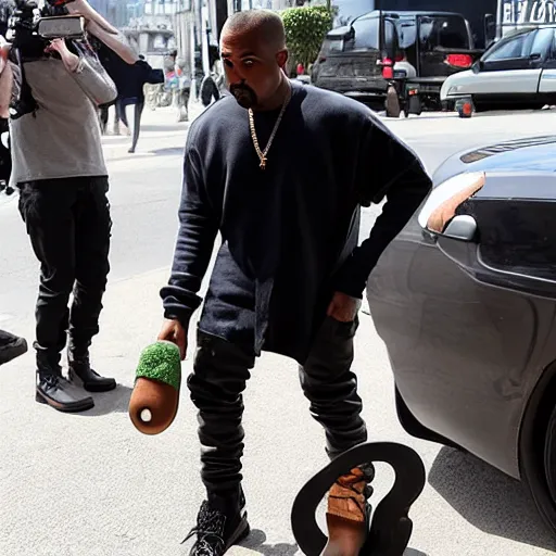 Image similar to kanye west holding a strange shoe and showing it to people