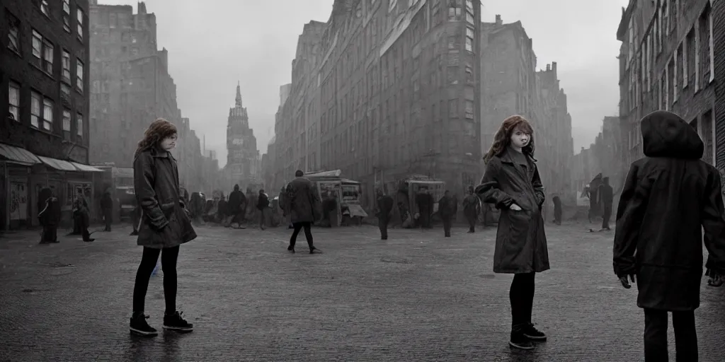 Image similar to sadie sink in hoodie at umbrella stand in ruined square, pedestrians on both sides ignore her, old tenements in background : grainy b & w 1 6 mm film, 2 5 mm lens, single long shot from schindler's list by steven spielberg. cyberpunk, steampunk. cinematic atmosphere and composition, detailed face, perfect anatomy