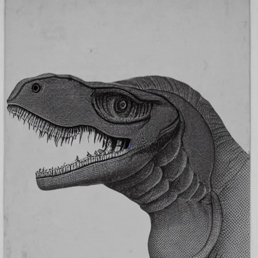 Prompt: a mid 1 8 th century, black and white photograph of a t - rex, portrait, highly detailed