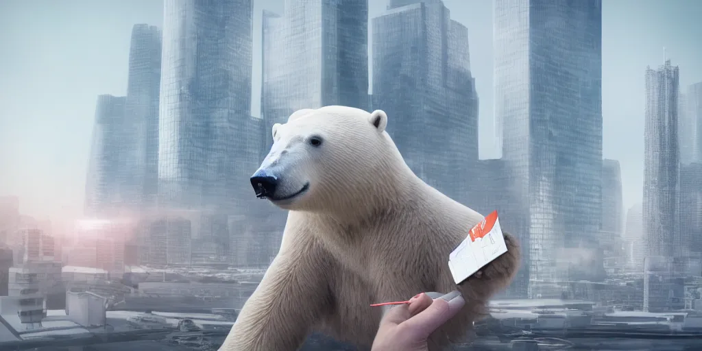 Prompt: realistic photo of humanoid bleeding polar bear holding a passport with Orwellian skyscrapers, hyper detailed, hyper realistic, digital painting, 8k, 35mm film grain, octane render