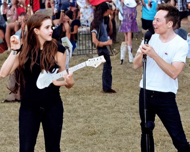 Image similar to elon musk & emma watson performing at woodstock