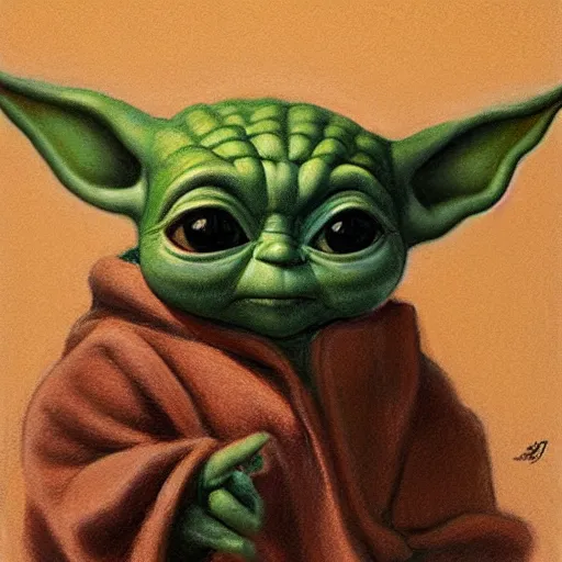 Prompt: baby yoda, by Harley Brown, Robert Emil Schulz, rough pastel on paper