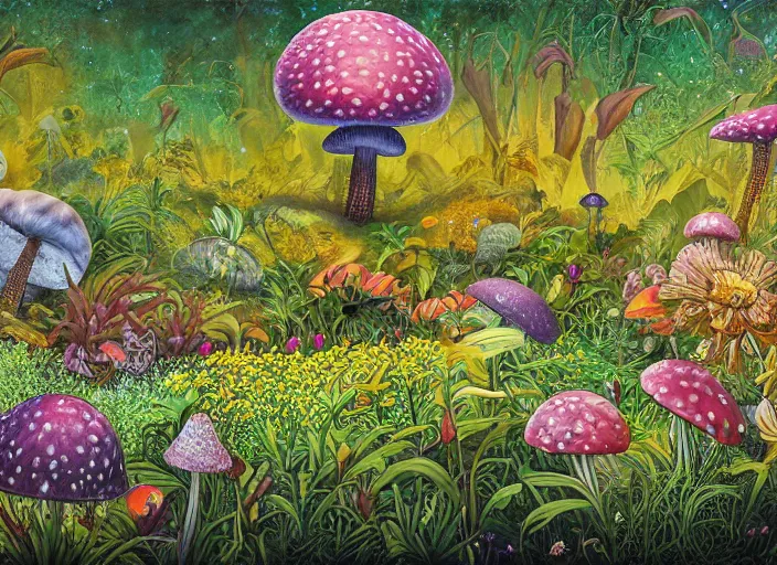 Prompt: a painting of toxic mushroom surrounded by a lot of beautiful flowers and exotic plants + long grass + chamomile, a detailed surreal painting by naranbaatar ganbold and james jean, behance contest winner, space art, ultrafine detailed painting, biomorphic, black and white, line art, isometric view