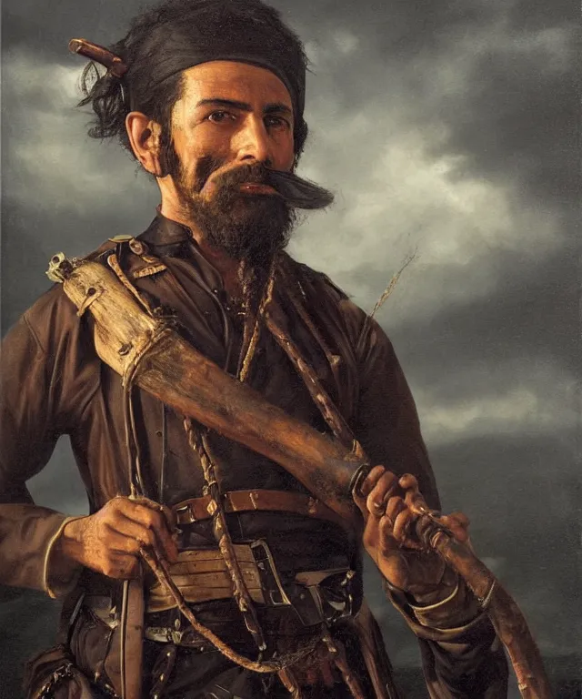 Prompt: ultra realistic color portrait painting of a spanish bandolero 1 9 th century pirate with a trabuco, dark, painted, brooding, atmospheric, landscape, smooth, epic, highly detailed, cinematic