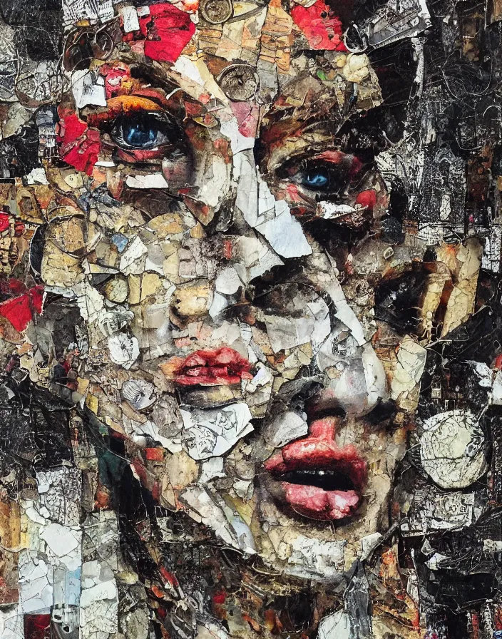 Prompt: you driving me crazy detailed analogue mixed media collage with canvas texture in style of contemporary art, punk art, hyperrealistic beautiful face, photorealistic, expressionism, masterpiece, perfect composition, spectacular quality torn paper, intricate oil details, broken glass