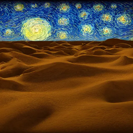 Image similar to 3 d render, skelton, waling, desert, ship, in the style of van gogh starry night.