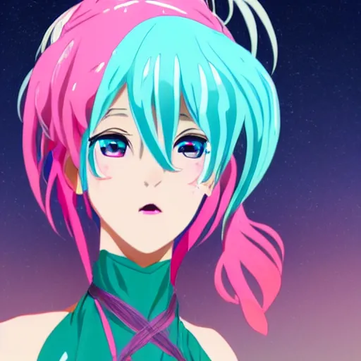 Prompt: stunningly beautiful gigantic omnipotent anime goddess with pink hair and mesmerizing cyan eyes, viewed from below, 8 k