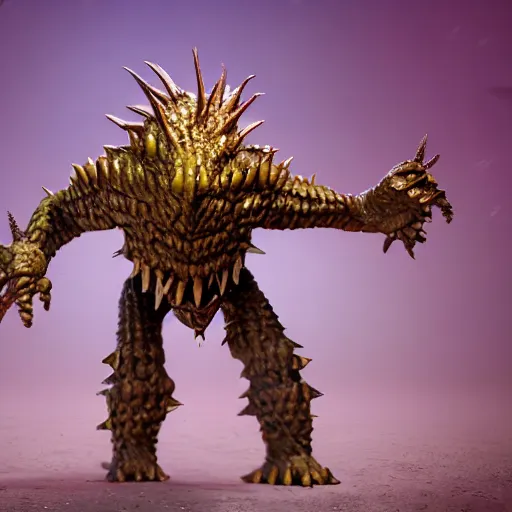 Image similar to cute monster, rubber spikes on the body, rubber skin spikes, spikes are from rubber, purple skin, skinny, gold armor, battleground background, battlefield, concept art, artstation, award winning, high detailed, 4k, 8k, hd textures, octane render, intricate details, volumetric lighting, realistic, hyperdetailed