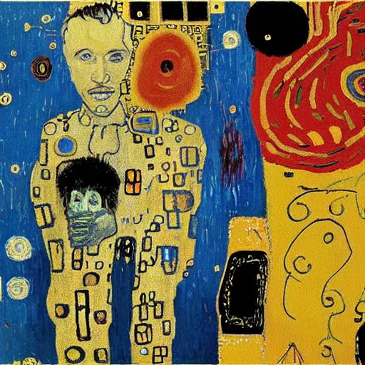 Image similar to artificial intelligence in love painting by van Gogh klimt Jean-Michel Basquiat