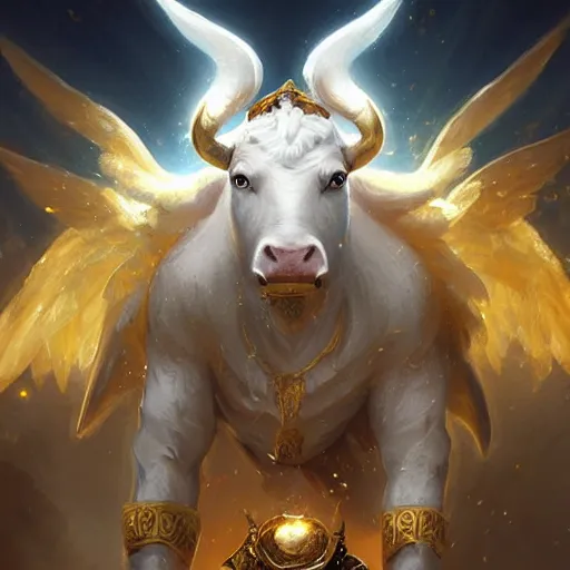 Image similar to a white bull with angelic wings and golden horns, epic fantasy digital art, fantasy style art, by Greg Rutkowski, fantasy hearthstone card art style