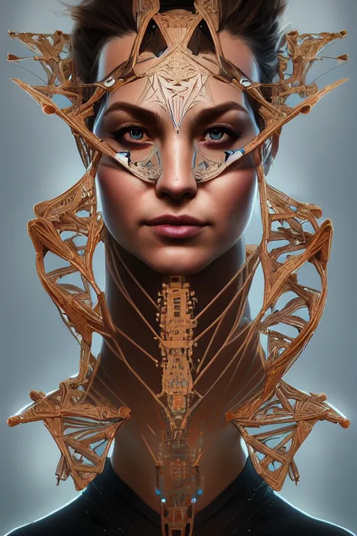 Image similar to symmetry!! portrait of amazing body fitness instructor in the style of horizon zero dawn, machine parts embedded into face, intricate, elegant, highly detailed, digital painting, artstation, concept art, smooth, sharp focus, illustration, art by artgerm and greg rutkowski and alphonse mucha, 8 k