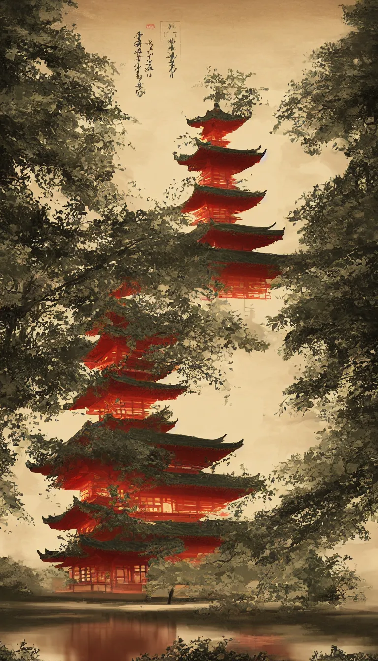 Prompt: digital painting of a pagoda, tea drinking and paper lanterns, 4K