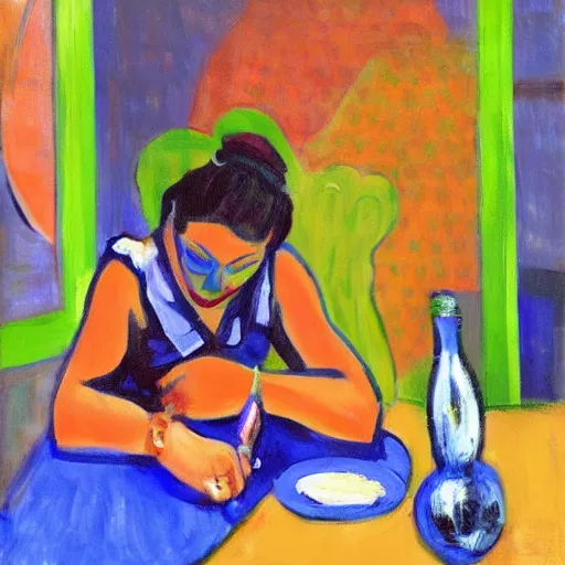 Image similar to a painting of a woman sitting at a table, a digital painting by isaac soyer, pixiv contest winner, american scene painting, digital illustration, digital painting, fauvism