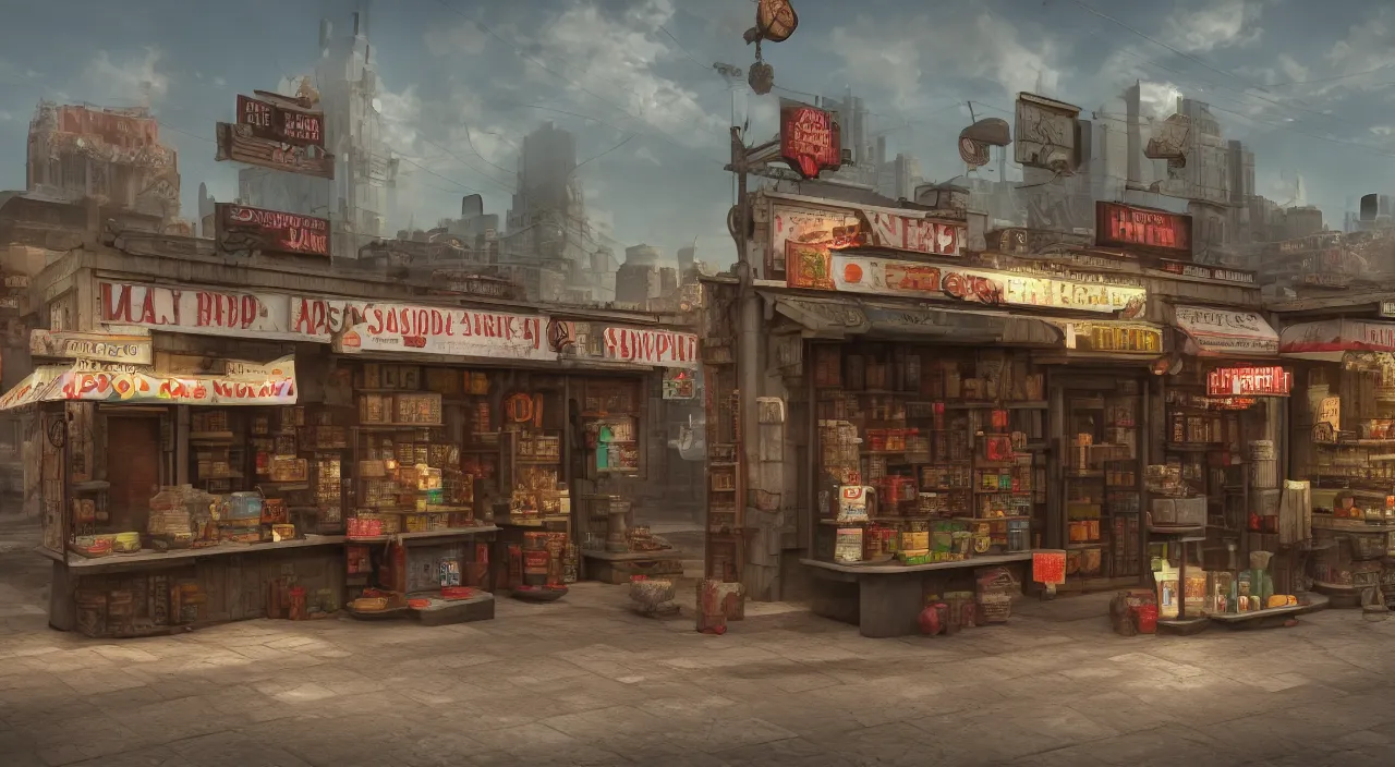Prompt: A hyper realistic matte painting of a very small shop with a shady shopkeeper, new vegas style, vibrant, 4k, artstation, cgsociety