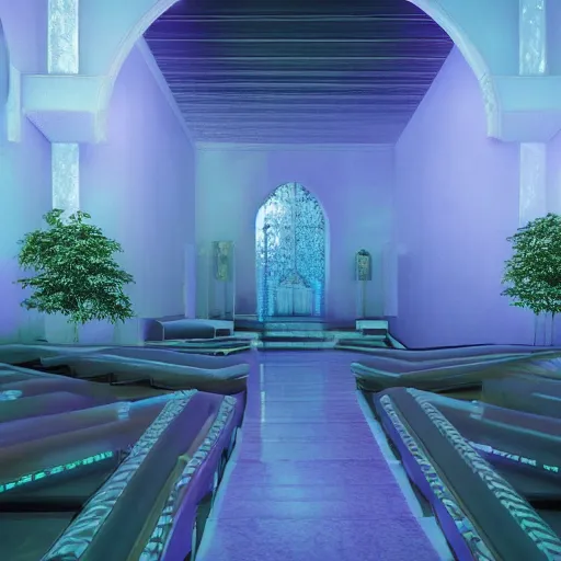 Prompt: vaporwave chapel, liminal space, high detail, rendered in unreal engine, 3d render, god rays, volumetric lighting, vegetation