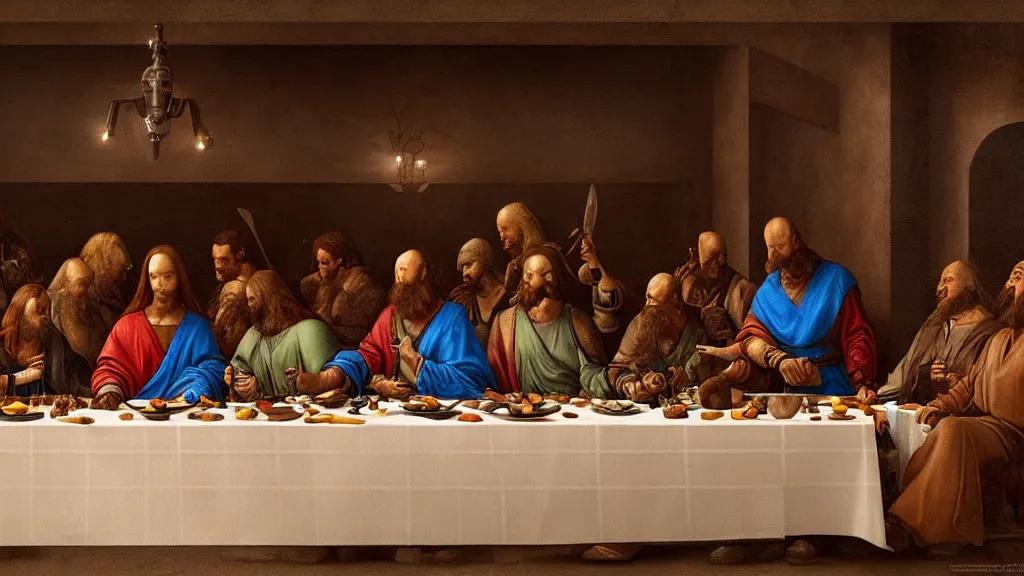 Prompt: mandalorian last supper, by leonardo davinci, concept art, oil painting, art station, dynamic lighting, highly detailed, very detailed, 4 k