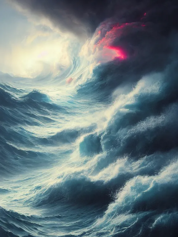 Image similar to photo of 8k ultra realistic raging storm at sea, heavy waves, epic clouds, full of colour, cinematic lighting, battered, trending on artstation, 4k, hyperrealistic, focused, extreme details,unreal engine 5, cinematic, masterpiece, art by Peter Mohrbacher