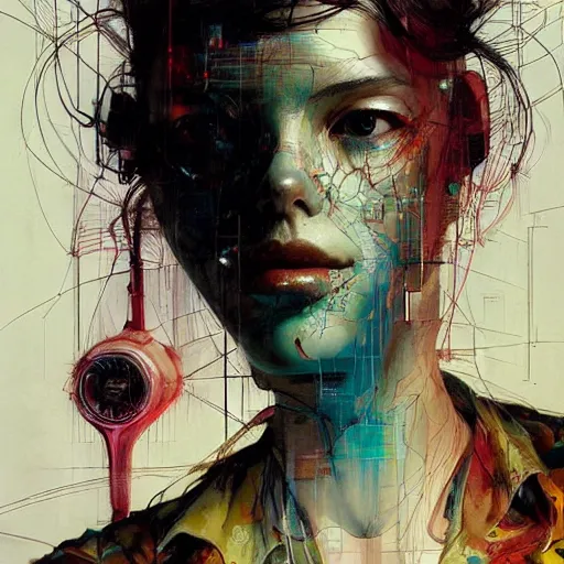 Image similar to young woman cyberpunk having her dreams stolen, wires cybernetic implants, in the style of adrian ghenie, esao andrews, jenny saville,, surrealism, dark art by james jean, takato yamamoto