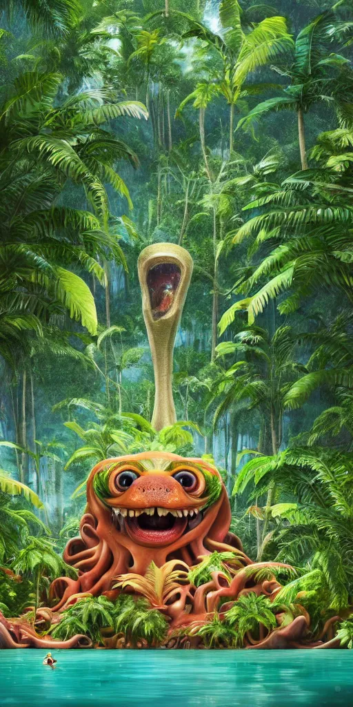 Image similar to of a tropical rainforest lake with strange cute friendly happy creatures with huge eyes, mouth, long tongue, round teeth and goofy face, appearing from the treesl, in the style of gehry and gaudi, macro lens, shallow depth of field, ultra detailed, digital painting, trending artstation, concept art, illustration, cinematic lighting, photorealism, epic, octane render