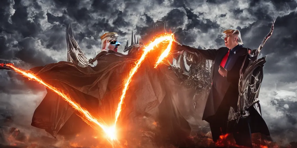 Prompt: a professional photo of donald trump fighting sauron at capitol, extremely high fidelity. key light.