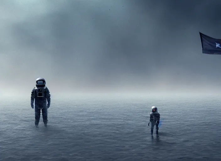 Image similar to astronaut holding a flag in an underwater desert. a submarine is visible in the distance. dark, concept art, cinematic, dramatic, atmospheric, 8 k, trending on artstation, blue, fish, low visibility, fog, ocean floor, christopher nolan, interstellar