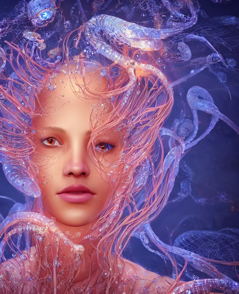 Image similar to close-up macro portrait of the face of a beautiful princess, epic angle and pose, symmetrical artwork, 3d with depth of field, blurred background, cybernetic jellyfish female face skull phoenix bird, translucent, nautilus, energy flows of water and fire. a highly detailed epic cinematic concept art CG render. made in Maya, Blender and Photoshop, octane render, excellent composition, cinematic dystopian brutalist atmosphere, dynamic dramatic cinematic lighting, aesthetic, very inspirational, arthouse. y Greg Rutkowski, Ilya Kuvshinov, WLOP, Stanley Artgerm Lau, Ruan Jia and Fenghua Zhong