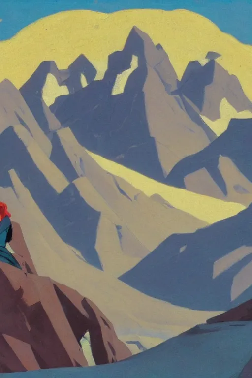 Image similar to black widow ( natasha romanova ) on mountains, marvel, artwork by nicholas roerich,