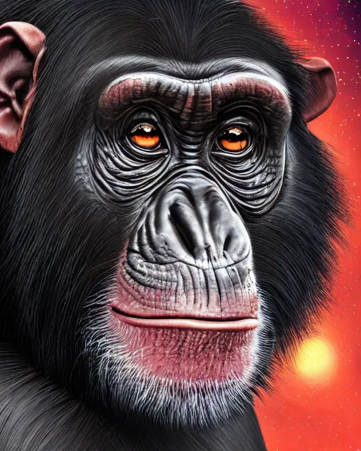 Image similar to very detailed high resolution illustration portrait of a chimpanzee wearing armor, backlit, stars, night, surrounded, 3 d, 8 k, extremely detailed, artstation, award winning