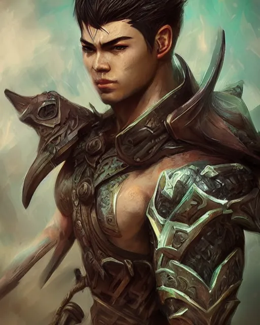Prompt: portrait of a male warrior, fierce, masculine, ross tran, muted colors, ( green eyes )!!!!!!!!!!!, highly detailed sculpture, intricate detailed, ommatidia, 8 k, cinematic atmosphere