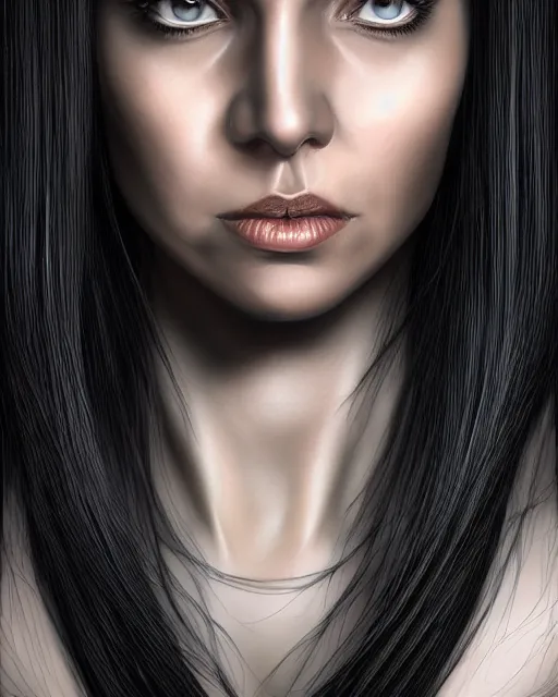 Image similar to portrait of a tall 4 0 - year - old woman, very thin lips, long, lush unkempt black hair, and thick eyebrows, wearing in black clothes, hyper realistic face, beautiful eyes, character art, art by mark brooks, hyperdetailed, cryengine, trending on artstation, digital art