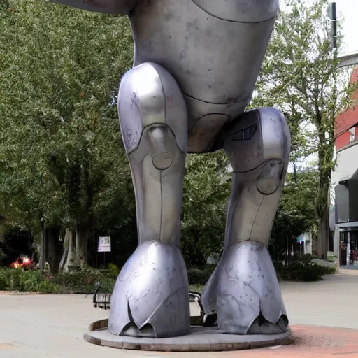 Prompt: Wheatley from portal 2 as a large metal statue in town center