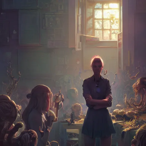 Image similar to Highly detailed portrait of a teacher freaking out at students, Stephen Bliss, unreal engine, fantasy art by Greg Rutkowski, Loish, Rhads, ferdinand knab, Makoto Shinkai and Lois van baarle, ilya kuvshinov, rossdraws, Tom Bagshaw, alphonse mucha, global illumination, radiant light, detailed and intricate environment