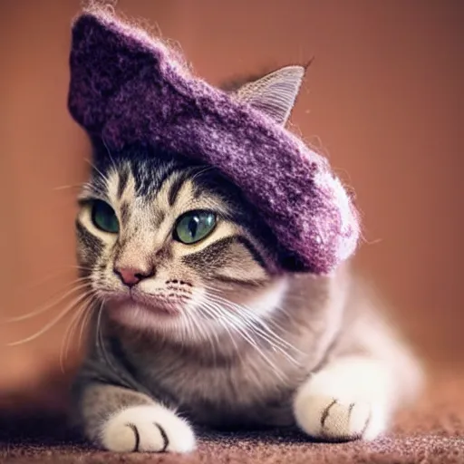 Image similar to cute cat photo licking tongue sticking out, wearing wool hat cat ears