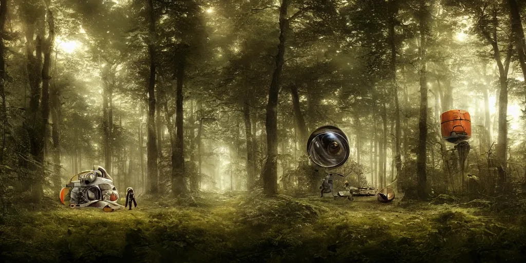 Image similar to an astronaut and a space ship in a forest, a detailed matte painting by frieke janssens, featured on cgsociety, space art, matte painting, matte drawing