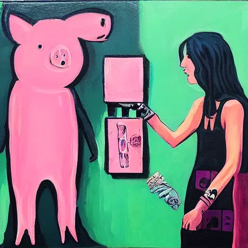 Image similar to “tall queer woman with long pink hair and a tall emo girl feeding Australian $50 notes to a weedy pig, capitalism, acrylic and spray paint and oilstick on canvas, neoexpressionism”