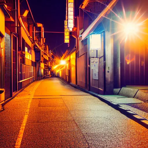 Image similar to photograph of kyoto street at night, bright street lamps, lens flare