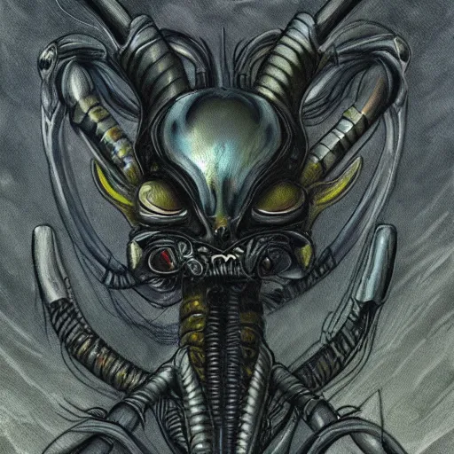 Image similar to detailed painting of a cute pilachu that looks like a xenomorph, in the style of h r giger and wayne barlowe