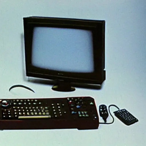 Image similar to slightly blurry and grainy photographic proof of an 8 0 s 8 bit home computer joystick, tape / disk drive and tv monitor that never was released to the public.