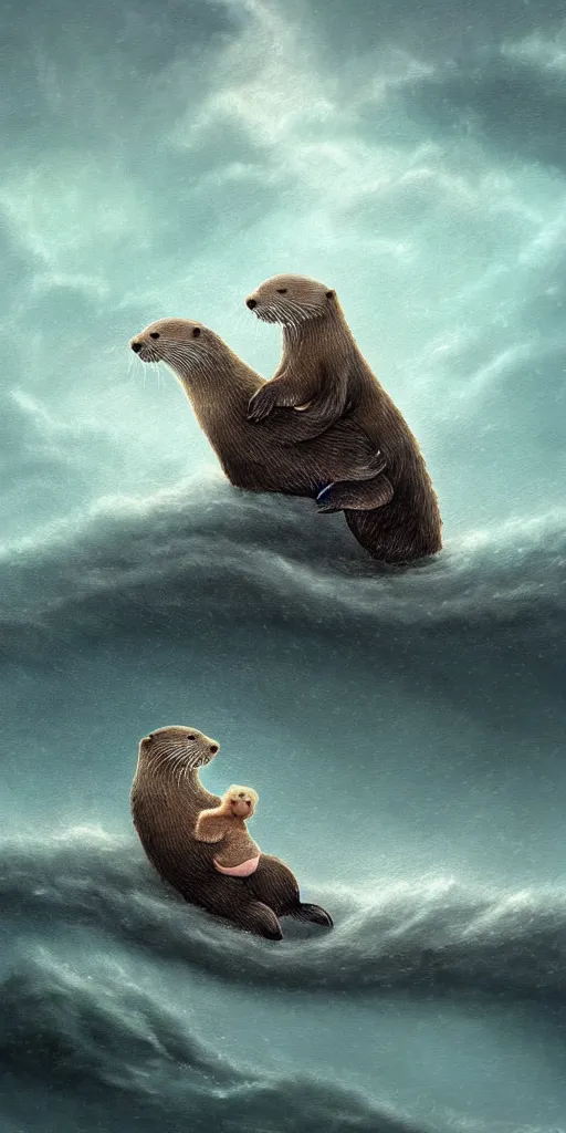 Prompt: An adorable Otter saving his wife from the storm, in love holding hands side by side huddled, all hiding together in the middle of a super scary storm at sea, fantasy illustration, cinematic, award winning, romantic, detailed trending on artstation, masterpiece