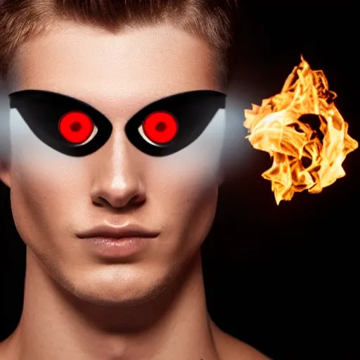 Image similar to a male model with glowing fire eyes, frontal view, cool looking