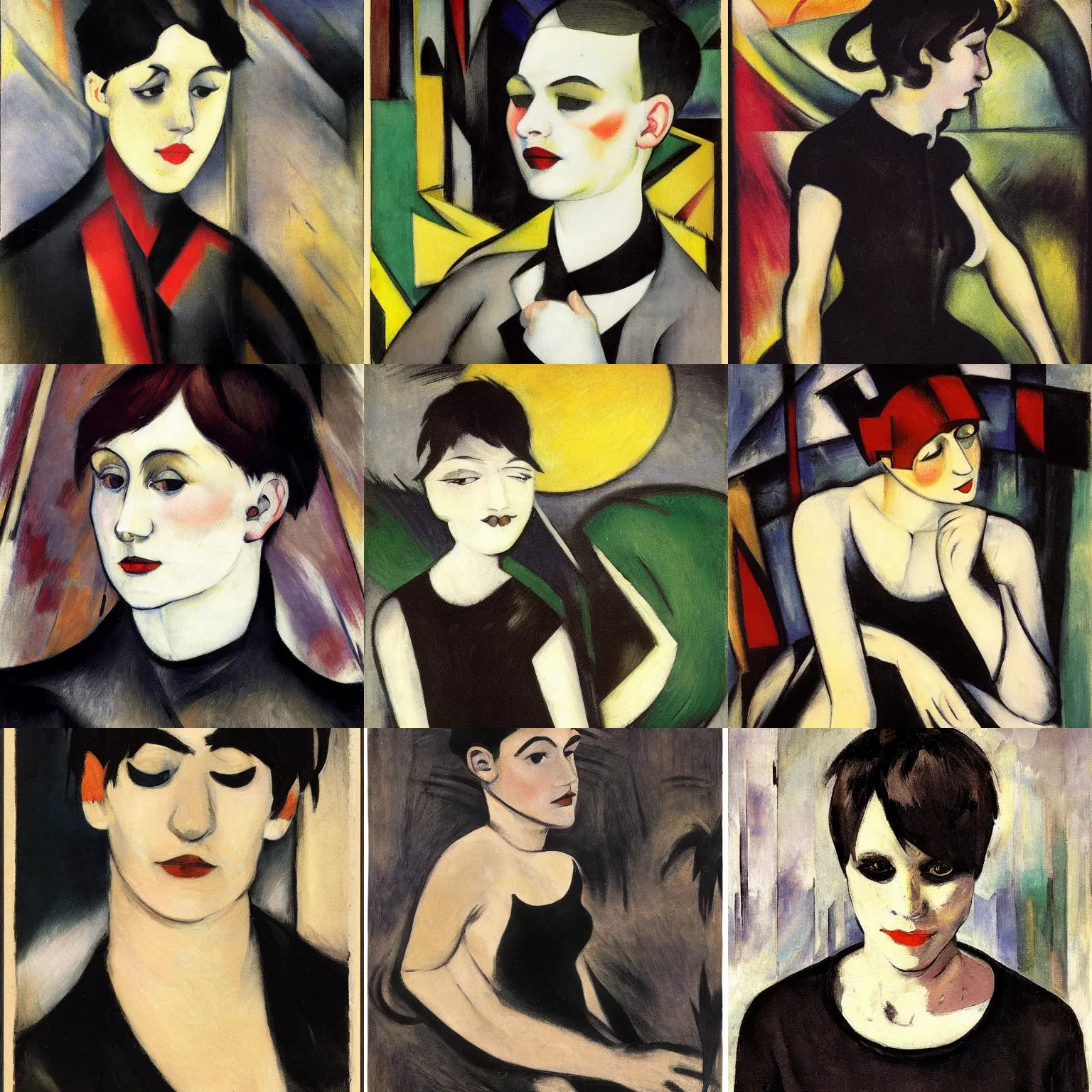 Prompt: A goth painted by Franz Marc. Her hair is dark brown and cut into a short, messy pixie cut. She has a slightly rounded face, with a pointed chin, large entirely-black eyes, and a small nose. She is wearing a black tank top, a black leather jacket, a black knee-length skirt, a black choker, and black leather boots.