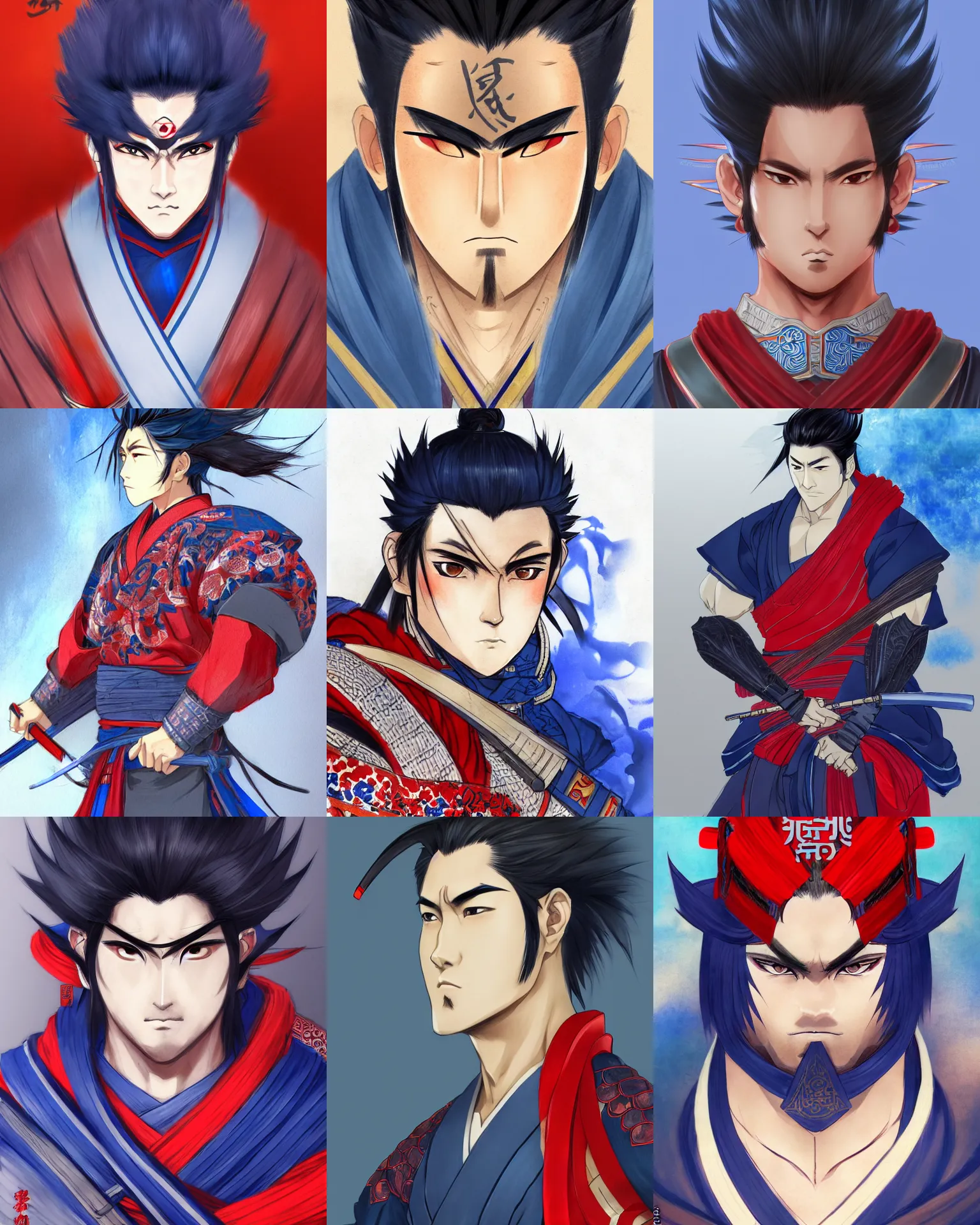 Prompt: full length portrait of a handsome and muscular japanese ronin with masculine facial features, short messy hair, and wearing a haori, by arco wada, fate grand order, anime style, extremely detailed shading, blue and red color palette, concept art, digital painting, trending on artstation, cinematic, vibrant colors