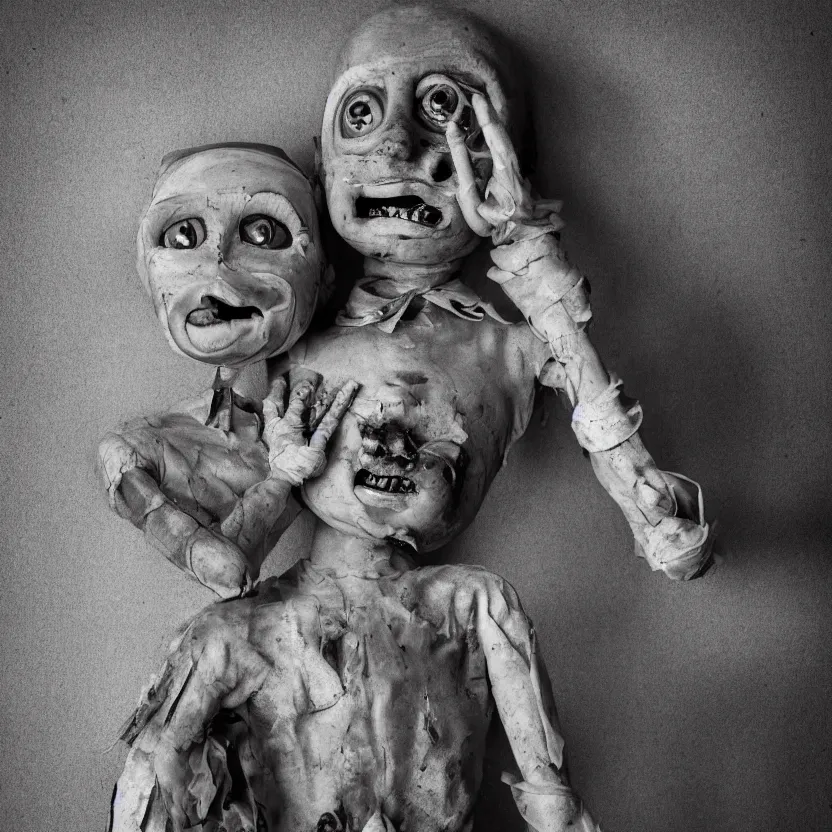 Image similar to creepy ventriloquist dummy in the style of roger ballen, 4 k, bw, portrait