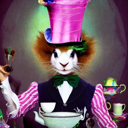 Prompt: johnny dep as the mad hatter having tea with the white rabbit in wonderland, strange surreal party, 8k resolution photo realistic, digital art, vivid