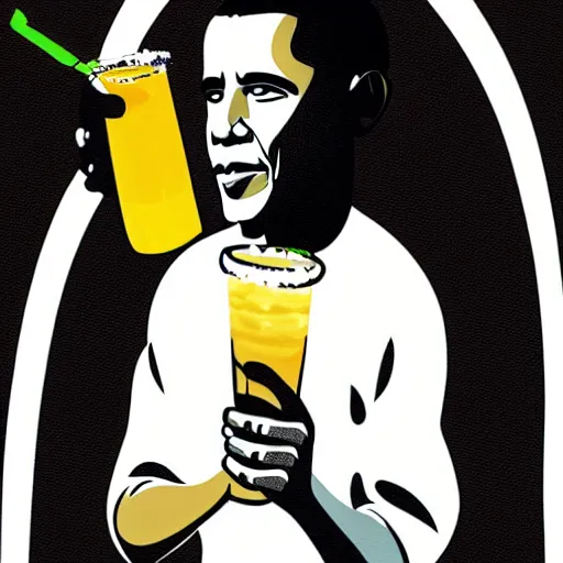 Prompt: obama surfing a massive wave with a margarita in his hand, high detail graphic art