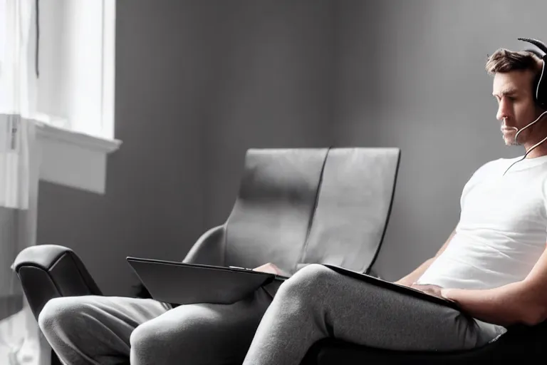 Image similar to a caucasian man who is deep in thought is wearing a white t - shirt and he is wearing black sweat pants and he is wearing headphones and he has a laptop computer sitting on his lap and he is sitting in a brown leather chair and the chair is in the reclining position and the man's legs are resting on the recliner of the chair