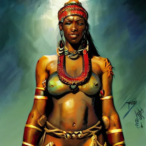 Image similar to African Warrior Priestess with Shining Eyes, by Simon Bisley and Jeff Simpson