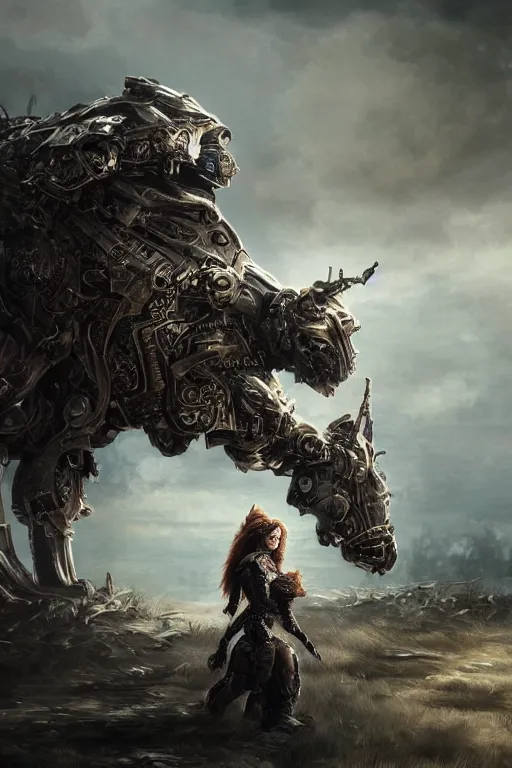 Prompt: ultra realist and ultra intricate detailed soft painting of a beautiful gothic armored female riding a biomechanical war bear on the war field , thin lustrous long auburn hair and fur, symmetry features, sensual gloomy style, volumetric clouds, cyberpunk background, artstation, unreal render, depth of field